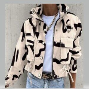 Cream-n-Black Abstract Print Biker Jacket